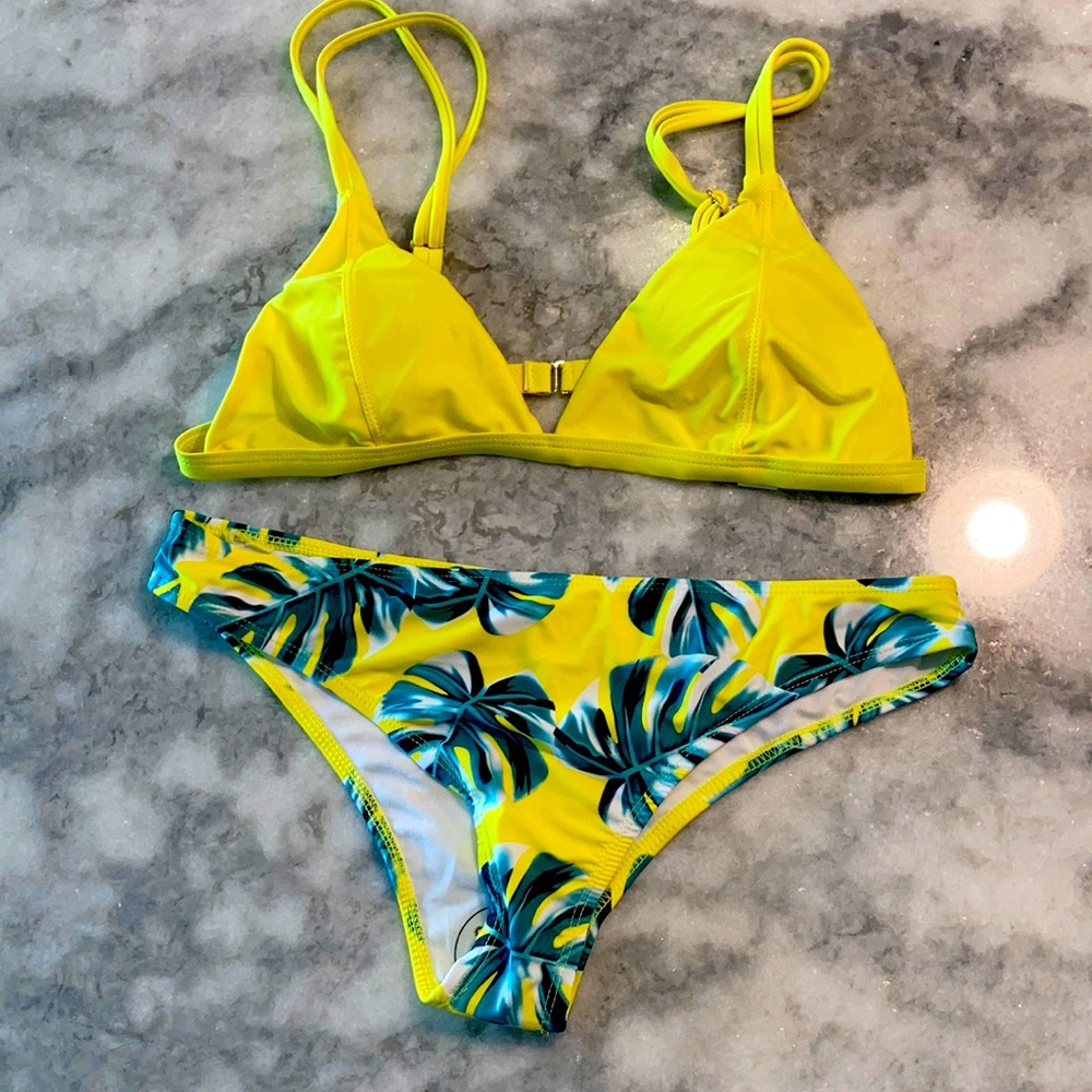 Yellow Palm Leaves Print Bikini